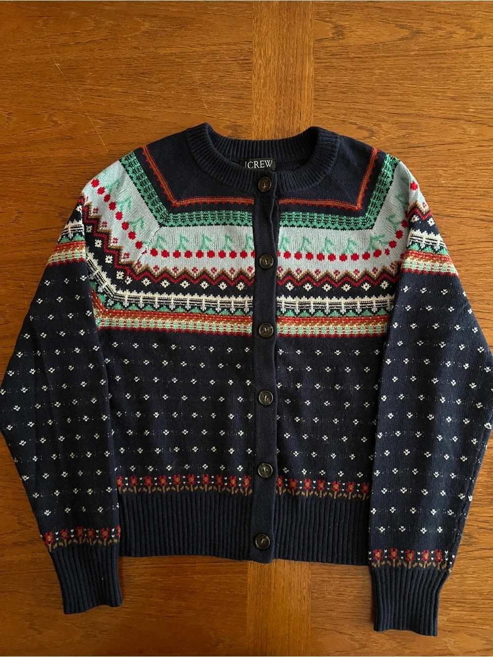 Women’s J. Crew Navy Fair Isle Crewneck Cardigan with Mint and Red Accents